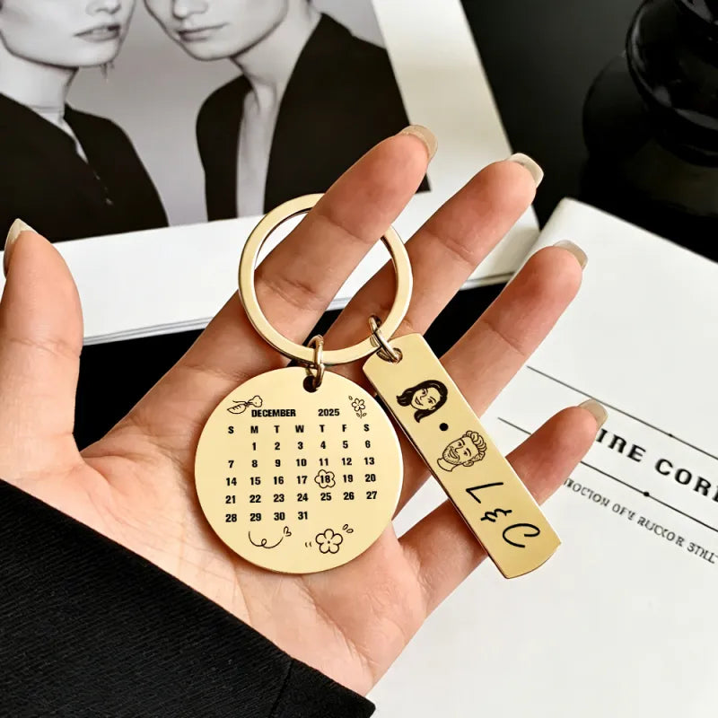 Personalized Calendar Keychain Custom Photo and Date Keyring Couple Portrait Keychain Anniversary Valentines Gift