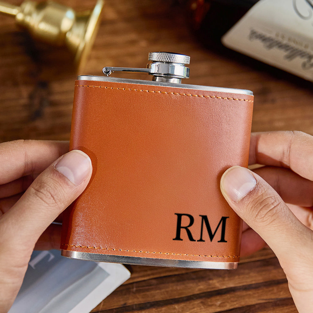 Personalized Men PU Leather Flask Stainless Steel 6oz Whiskey Flask Gift for Him