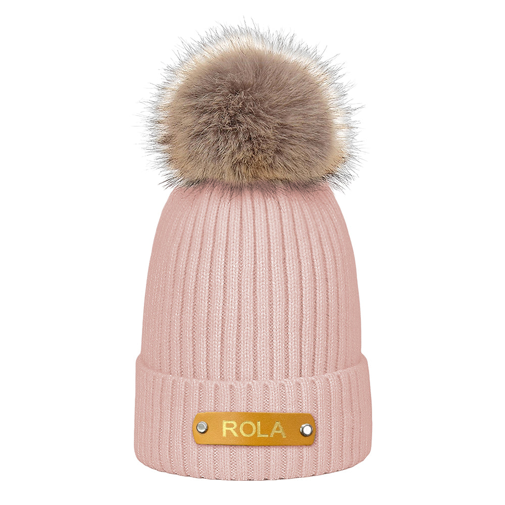 Personalized Leather Patch Beanie Custom Name Newborn Kids Winter Hat