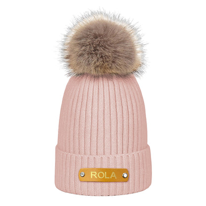Personalized Leather Patch Beanie Custom Name Newborn Kids Winter Hat