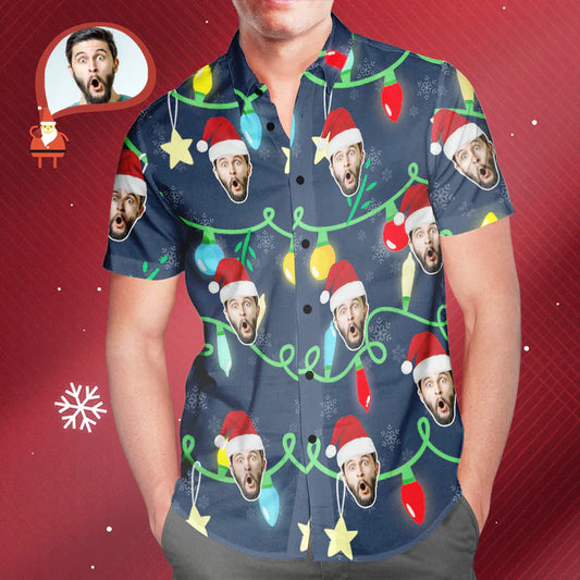 Custom Face Men's All Over Print Christmas Lights Hawaiian Shirt Christmas Gift