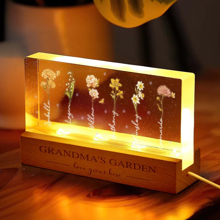 Grandma‘s Garden Birth Month Flowers Personalized Acrylic Block LED Night Light A Heartfelt Gift for Grandma’s Birthday Mother’s Day