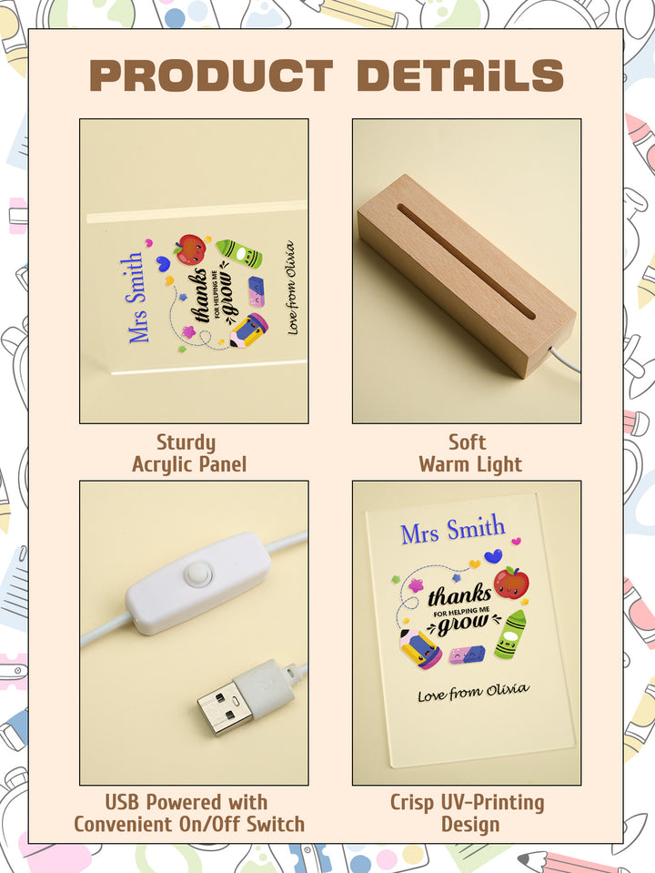 Custom Engraved Back to School Transparent Night Light with Pencil Design White Light Teacher's Day Gift