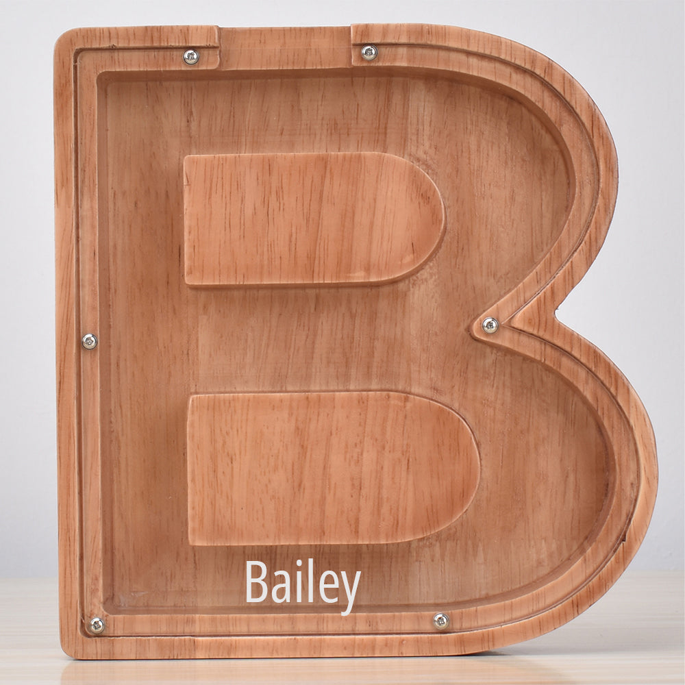 Custom Engraved Name Oak Wooden Letter Piggy Bank