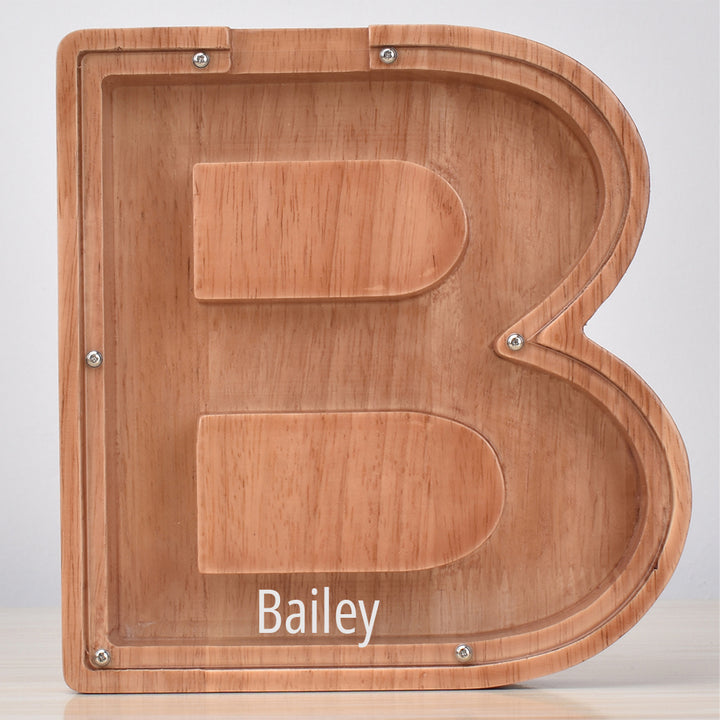 Custom Engraved Name Oak Wooden Letter Piggy Bank
