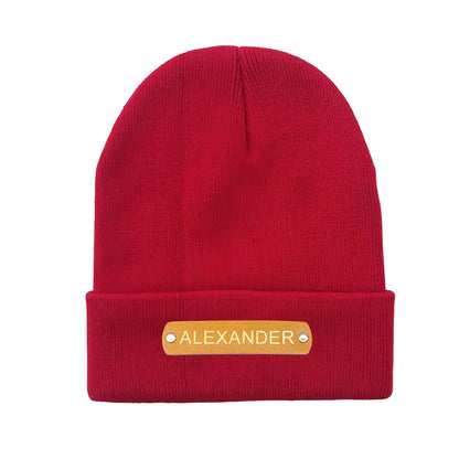 Custom Name Leather Patch Beanie Personalized Adult Winter Hat