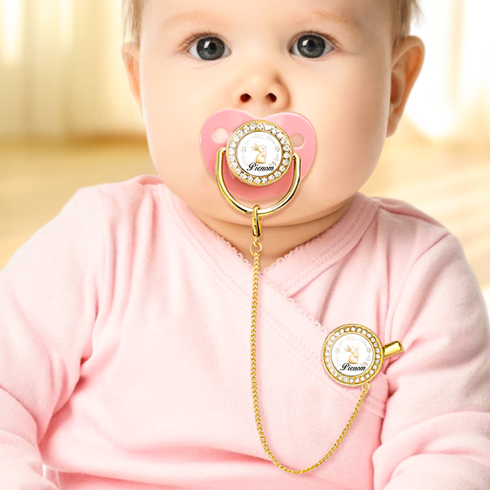 Custom Name Baby Pacifier & Clip Set with Bunny Pattern – Personalized Newborn Gift