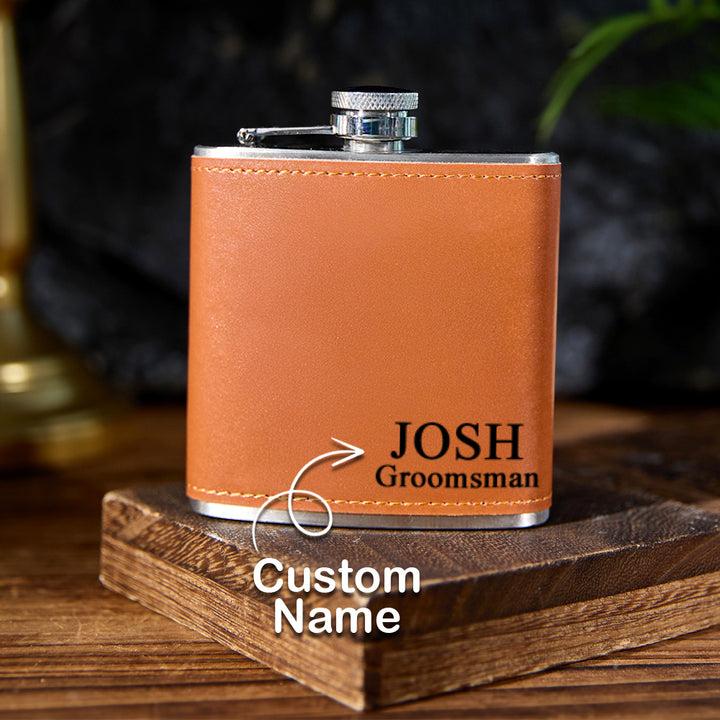 Personalized Leather Flask with Name Stainless Steel 6oz Whiskey Flask Gift for Groomsmen