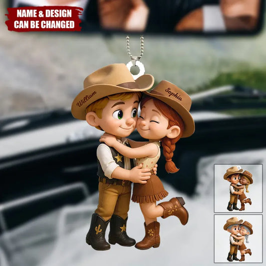 Personalized Name Denim Style Acrylic Car Hanger Cute Couple Kissing Moment Valentines Gift for Boyfriend & Girlfriend