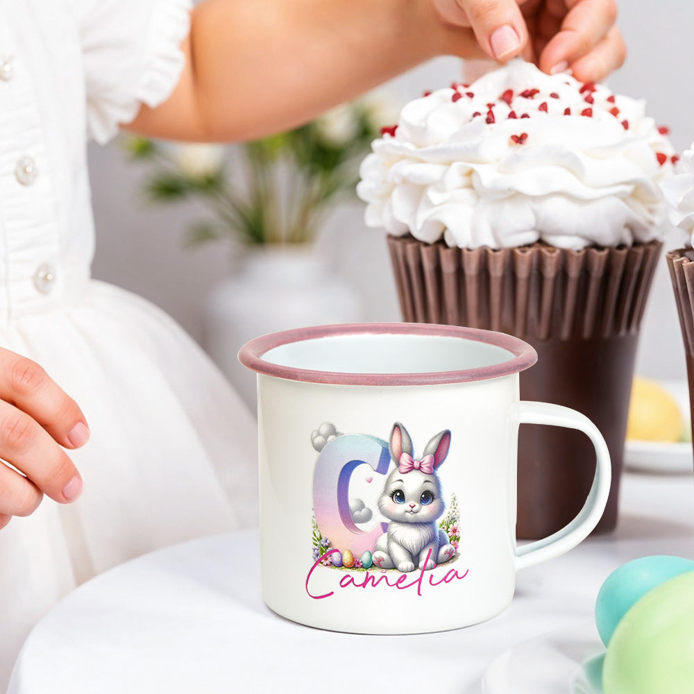 Personalized Easter Bunny Enamel Mug with Name Gradient Initial 12oz Cup Easter Gift for Kids