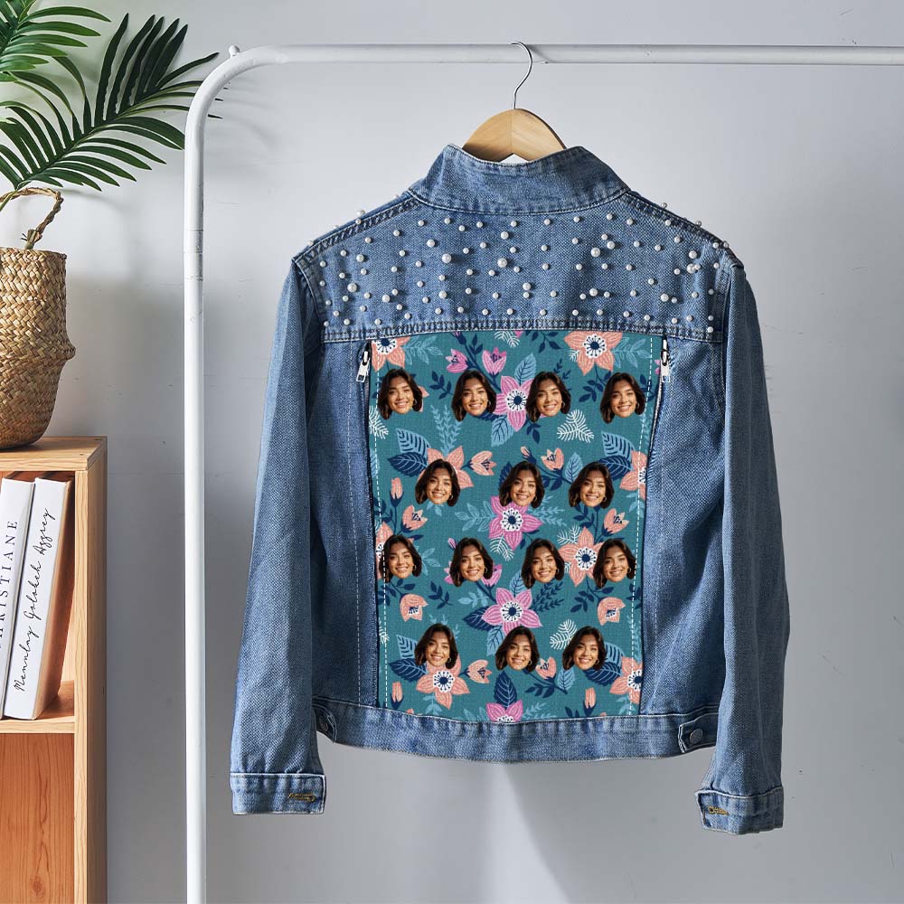 Personalized Funny Jean Jacket with Pearl Custom Face Hawaiian Style Denim Jacket Gift for Her