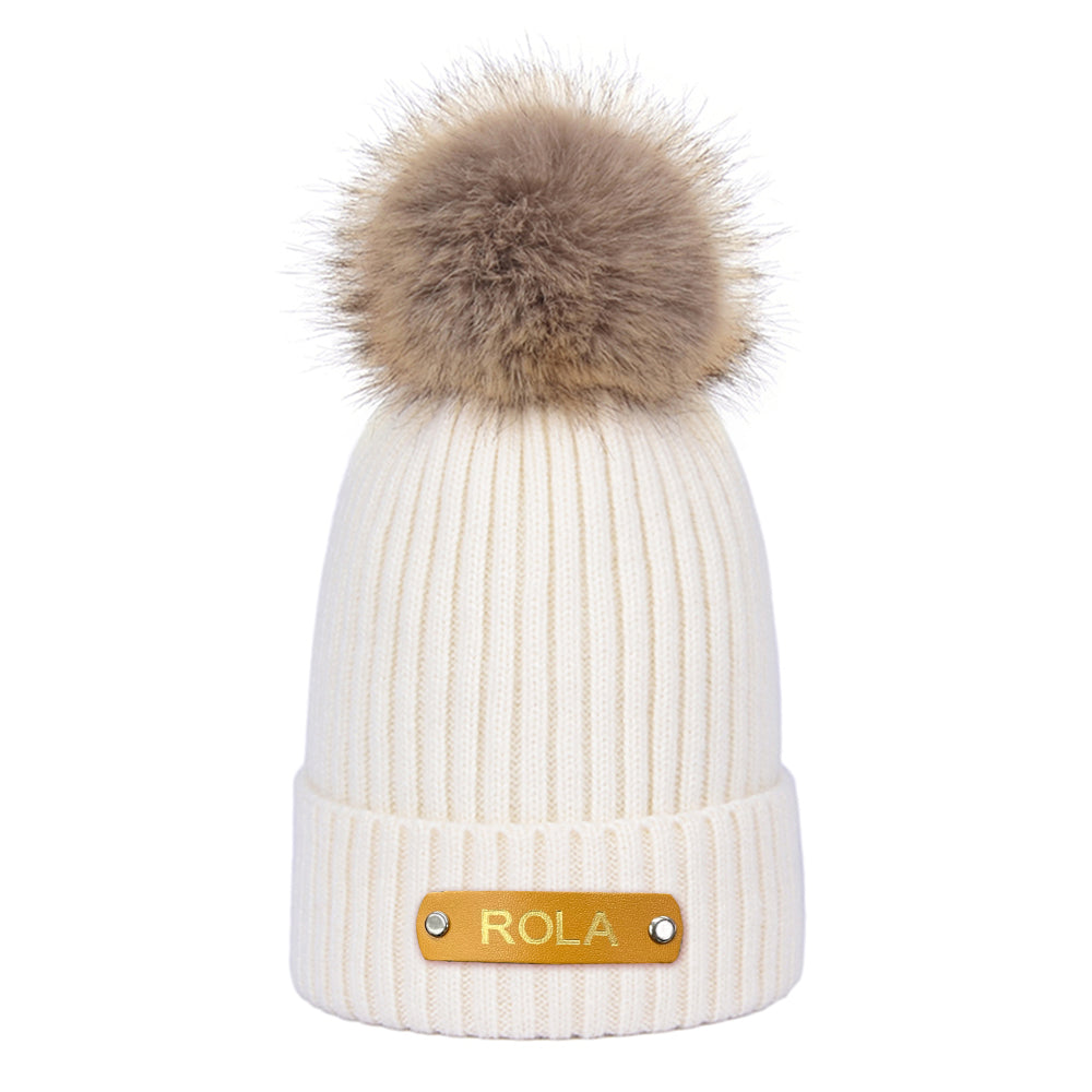 Personalized Leather Patch Beanie Custom Name Newborn Kids Winter Hat