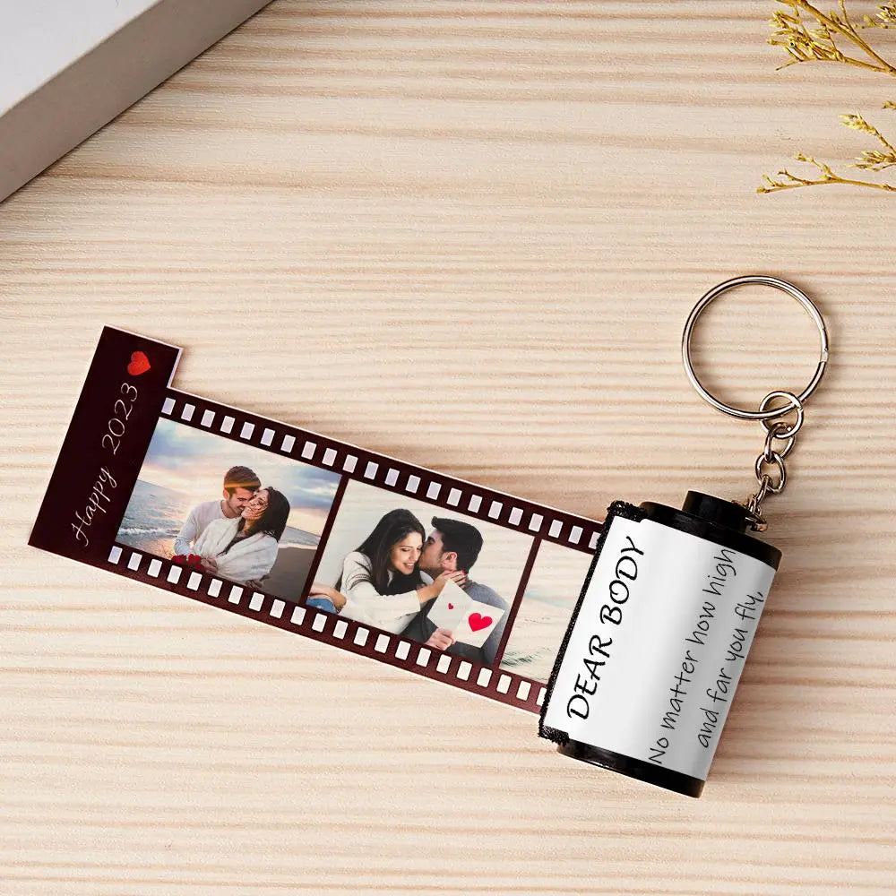 Custom Photo & Text Colorful Roll Film Keychain Camera Keychain with Wood Box Meaningful Gifts For Couples