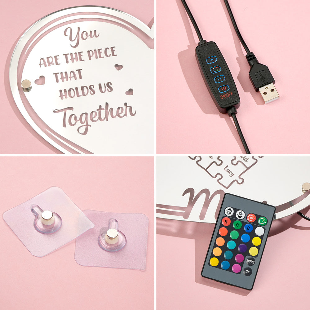 Personalized Mom You Are the Piece That Holds Us Together Mirror Light Puzzle Piece Sign Mother's Day Gifts