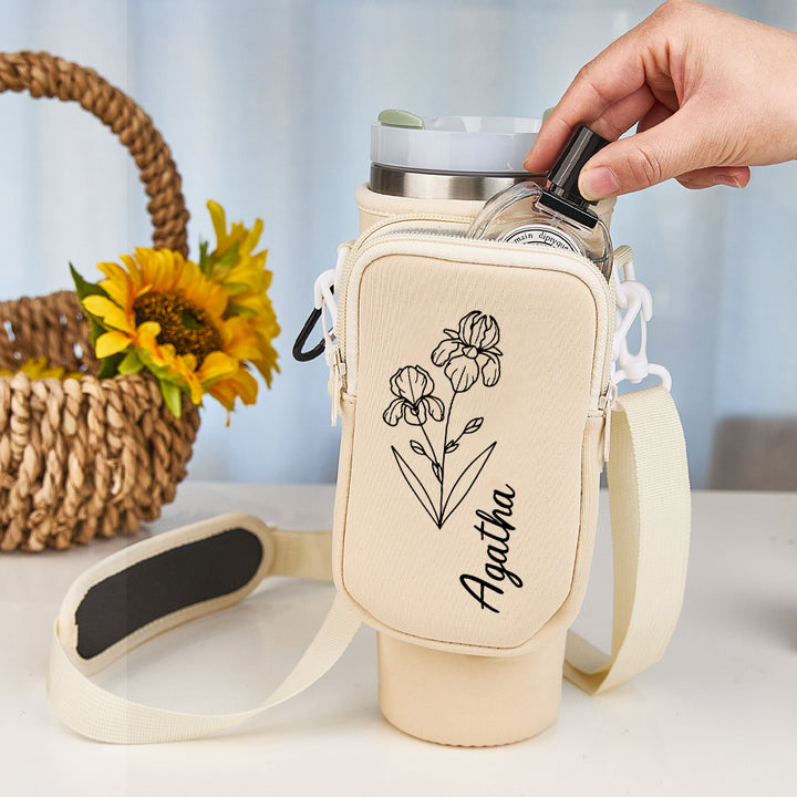Personalized Birth Flower Waterproof Bottle Carrier Bag for 40oz Stanley Tumbler Gift for Her