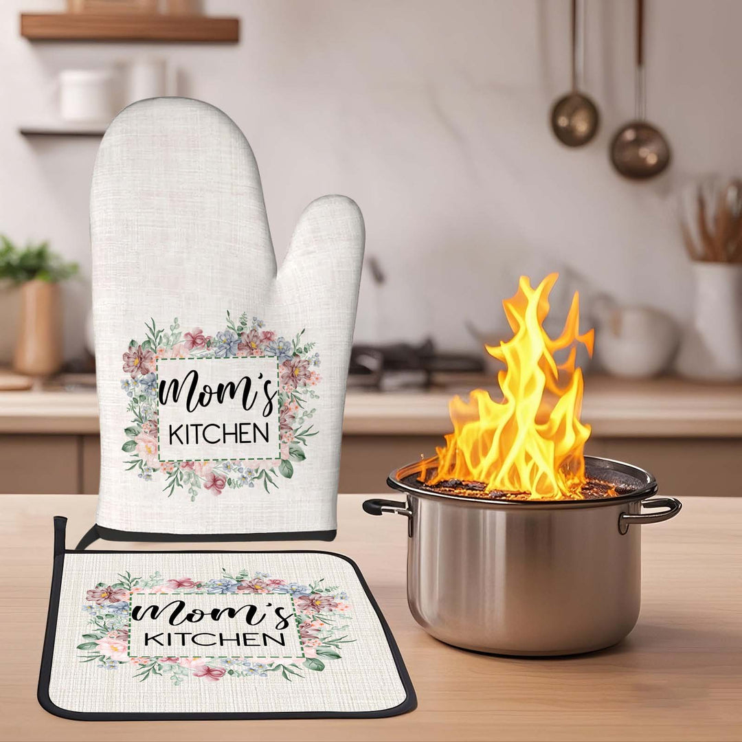 Personalized Flower Insulation Oven Mitt and Pot Holder Set with Text Kitchen Decor Gift for Mom