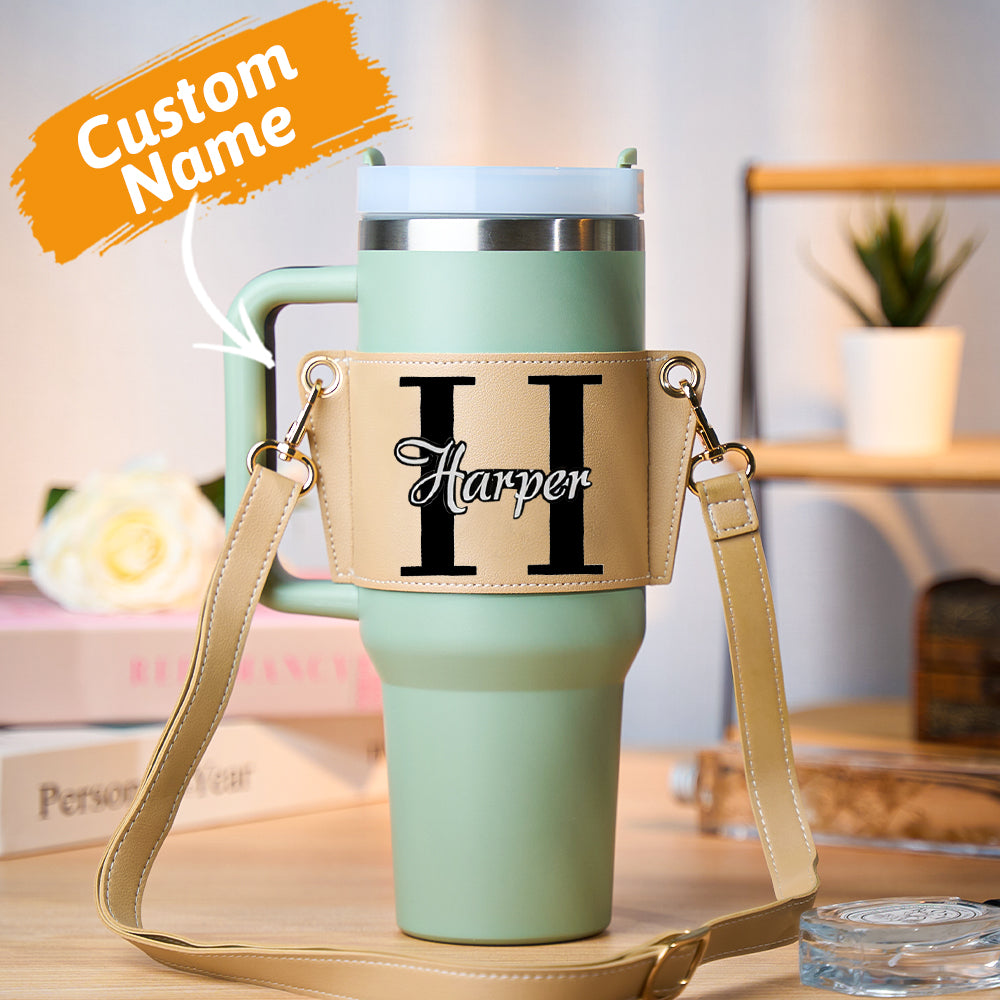 Personalized Name Water Bottle Carrier Bag with Adjustable Strap for 40oz Stanley Tumbler Birthday Gift for Her