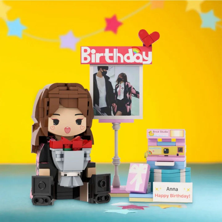 Full-body Custom 1 Person Brick Figures with Photo and Text Birthday Gift for Her