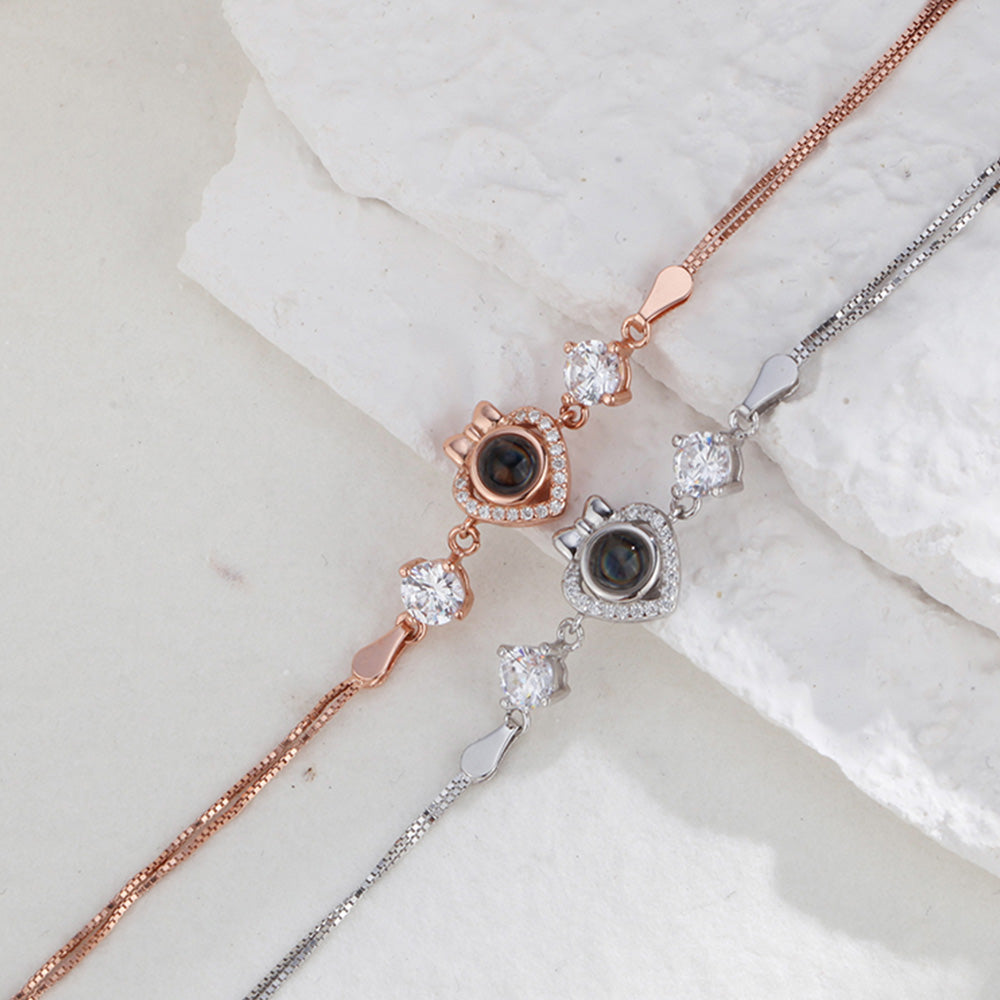 Custom Bow Heart Bracelet Personlized Projection Bracelet 925 Sterling Silver