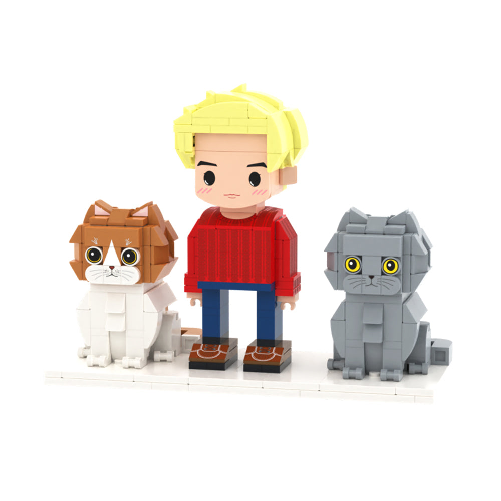 Custom Full-Body Cute Brick Figures of 1 Person and 2 Cats Personalized Anniversary Gift Birthday Gift