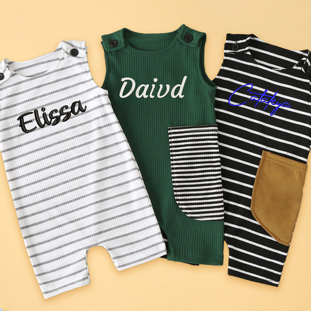 Personalized Rib Stripe Sleeveless Jumpsuit with Embroidered Name Gift for Toddler Kids