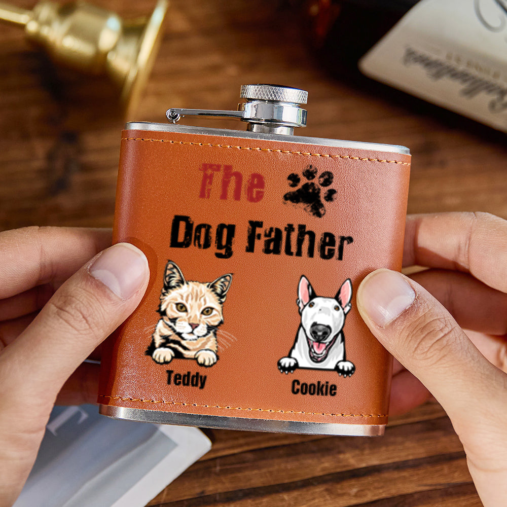 Personalized PU Leather Flask Stainless Steel 6oz Whiskey Flask Gift for Pet Lover
