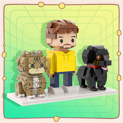 Custom Full-Body Cute Brick Figures of 1 Person, Cat & Dog Personalized Anniversary Gift Birthday Gift