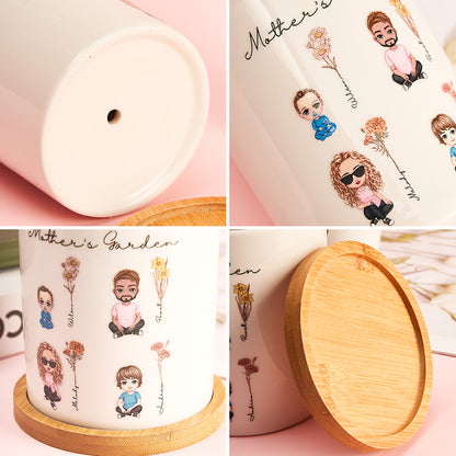 Personalized Cartoon Figure Birth Flower Ceramic Plant Pot Gift for Grandma Mom