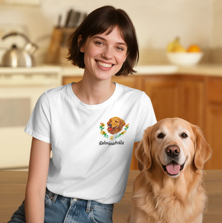 Custom Embroidered-Style Pet T-shirt – Personalized T-shirt with Pet Name & Wreath