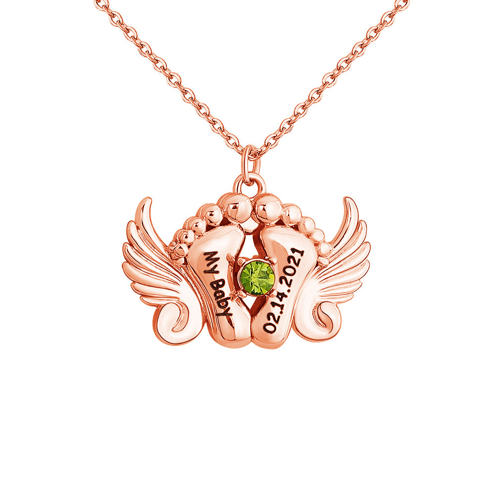 Personalized Angel Feet Locket Birthstone Necklace - 3 Colors