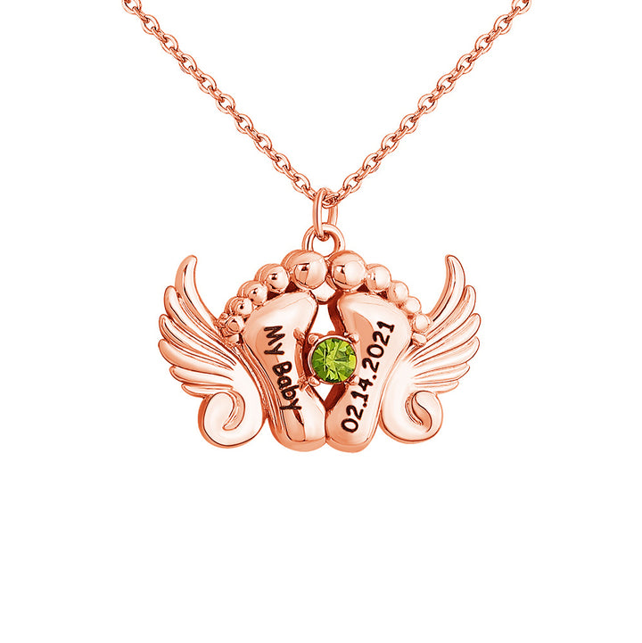 Personalized Angel Feet Locket Birthstone Necklace - 3 Colors