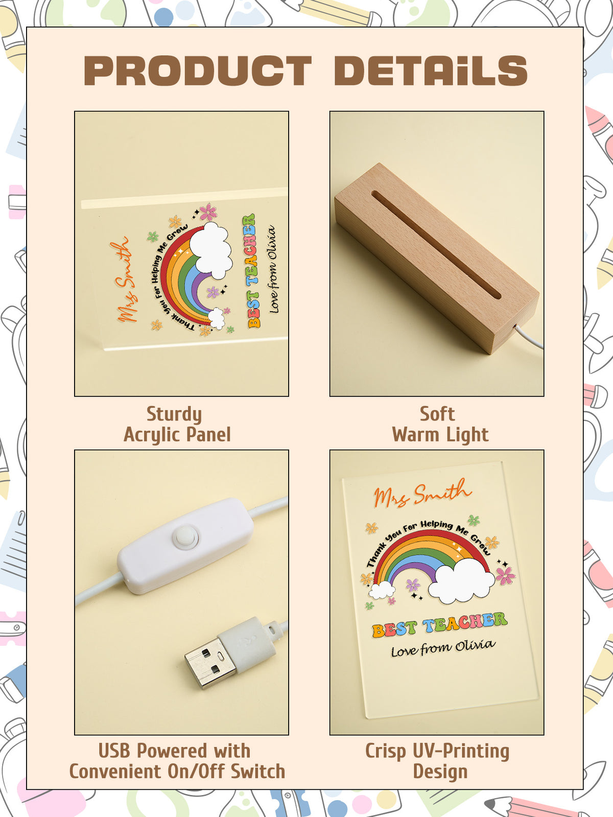 Custom Name Back to School Transparent Night Light with Rainbow Design White Light Teacher's Day Gift
