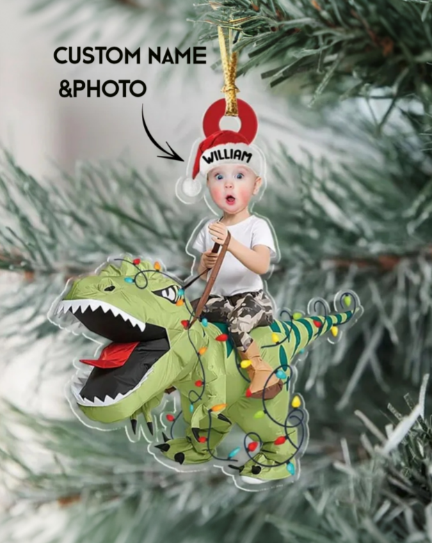 Custom Face & Name Dinosaur Christmas Ornament – Personalized Christmas Gift for Kids