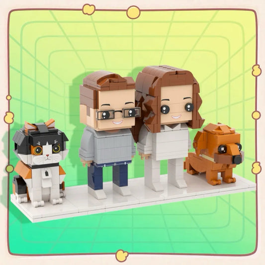 Custom Full-Body Brick Figures of 2 People with Cute Dog and Cat Personalized Anniversary Gift Birthday Gift