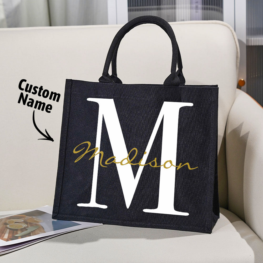Personalized Black Canvas Bag with Name and Initial Birthday Wedding Party Gift for Women