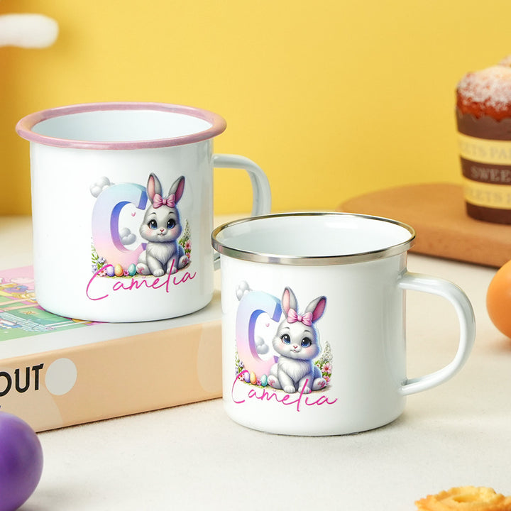 Personalized Easter Bunny Enamel Mug with Name Gradient Initial 12oz Cup Easter Gift for Kids