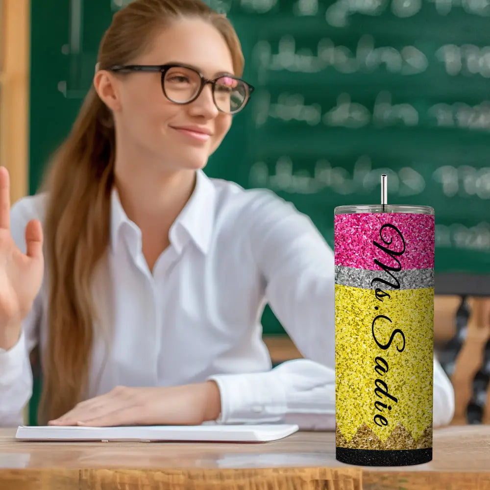Personalized Glitter Apple 20oz Skinny Tumbler with Straw Back to School Appreciation Gift for Teacher