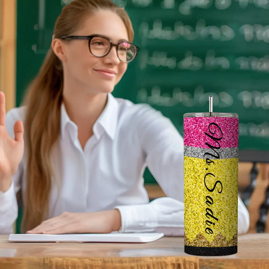 Personalized Glitter Apple 20oz Skinny Tumbler with Straw Back to School Appreciation Gift for Teacher