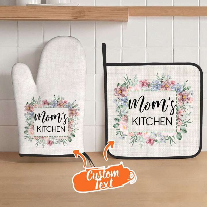 Personalized Flower Insulation Oven Mitt and Pot Holder Set with Text Kitchen Decor Gift for Mom