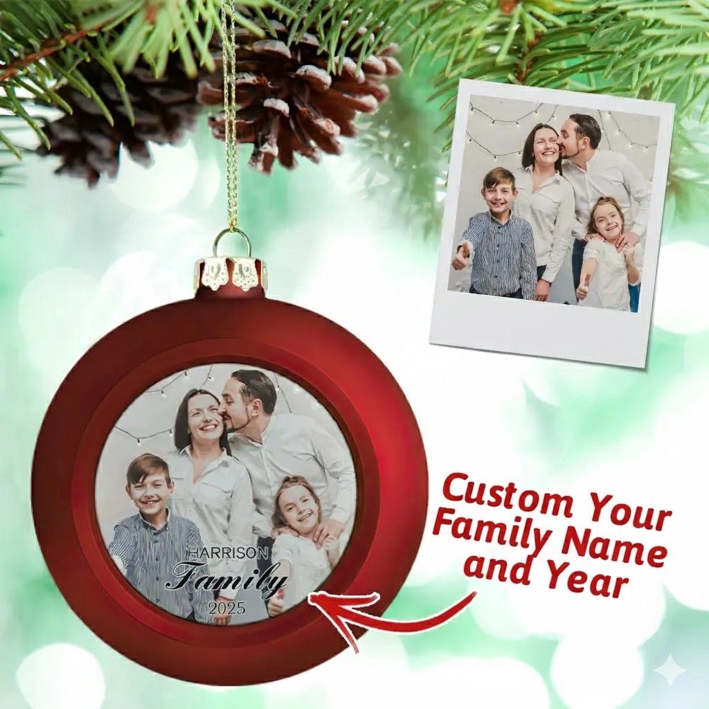 Personalized Photo & Family Name Christmas Ball Ornament – Custom Year Holiday Tree Decoration