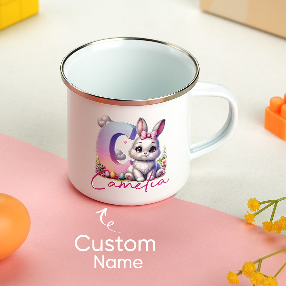 Personalized Easter Bunny Enamel Mug with Name Gradient Initial 12oz Cup Easter Gift for Kids