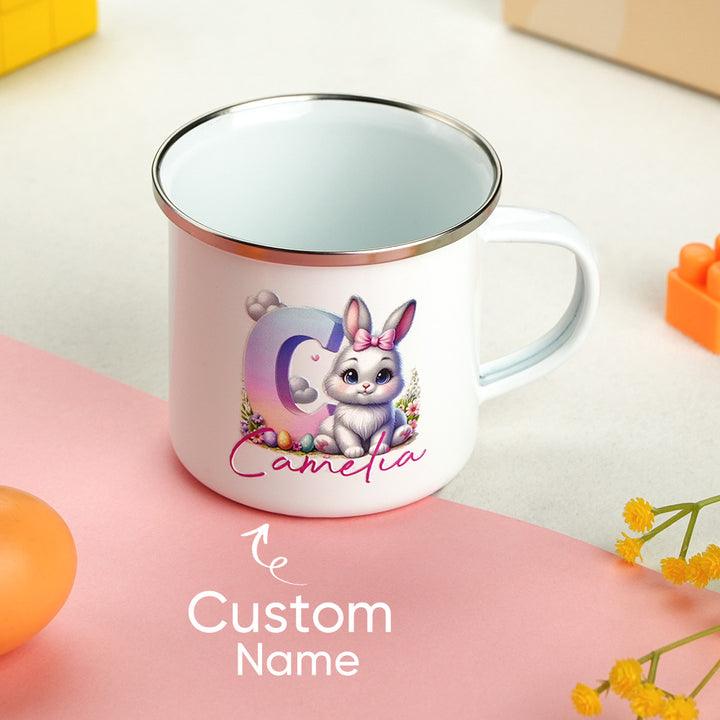 Personalized Easter Bunny Enamel Mug with Name Gradient Initial 12oz Cup Easter Gift for Kids