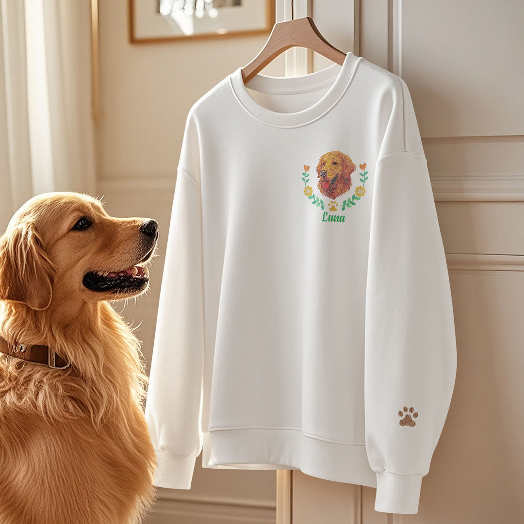 Custom Embroidered-Style Pet Sweatshirt – Personalized Pullover with Pet Name & Wreath