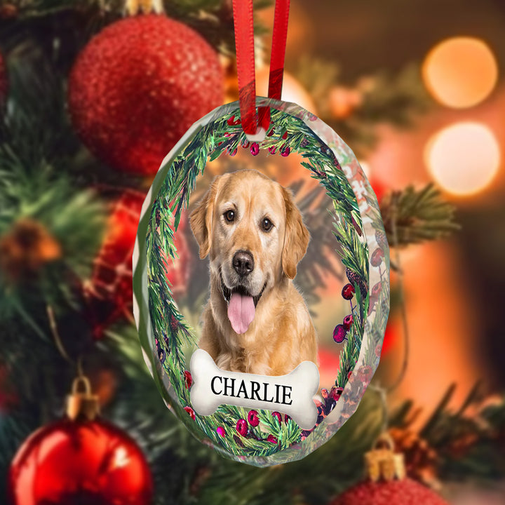 Personalized Pet Photo & Name Christmas Tree Glass Ornament – Custom Holiday Decoration