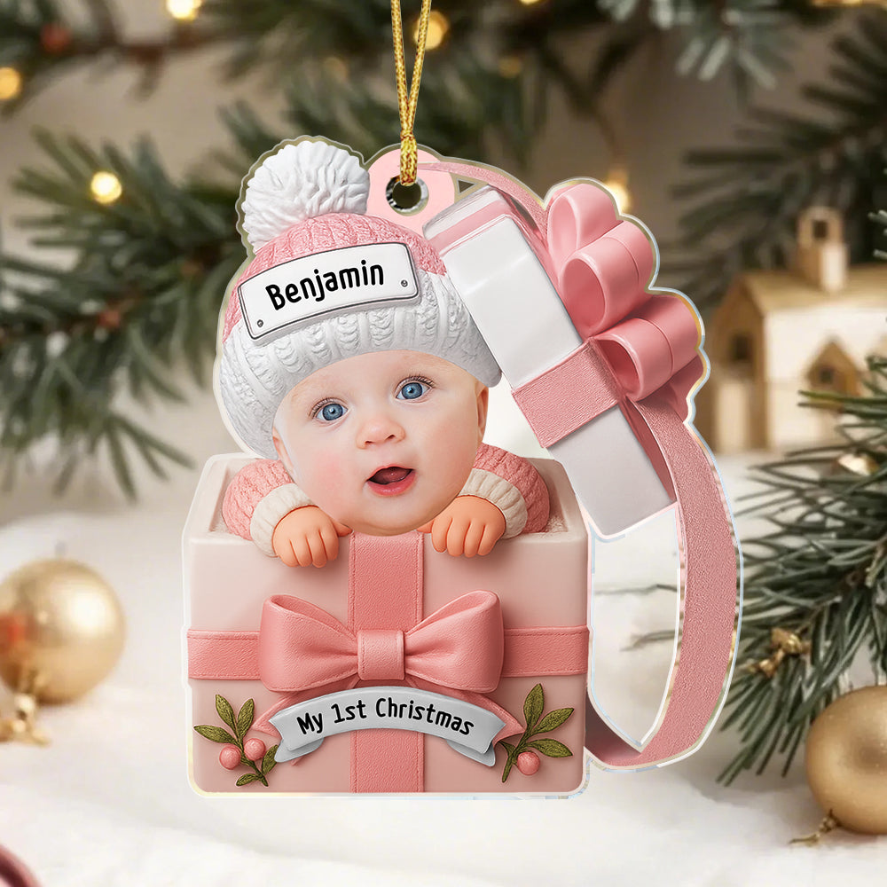Custom Baby Face & Text Acrylic Ornament – Baby in Gift Box Design Personalized Christmas Keepsake for Newborns