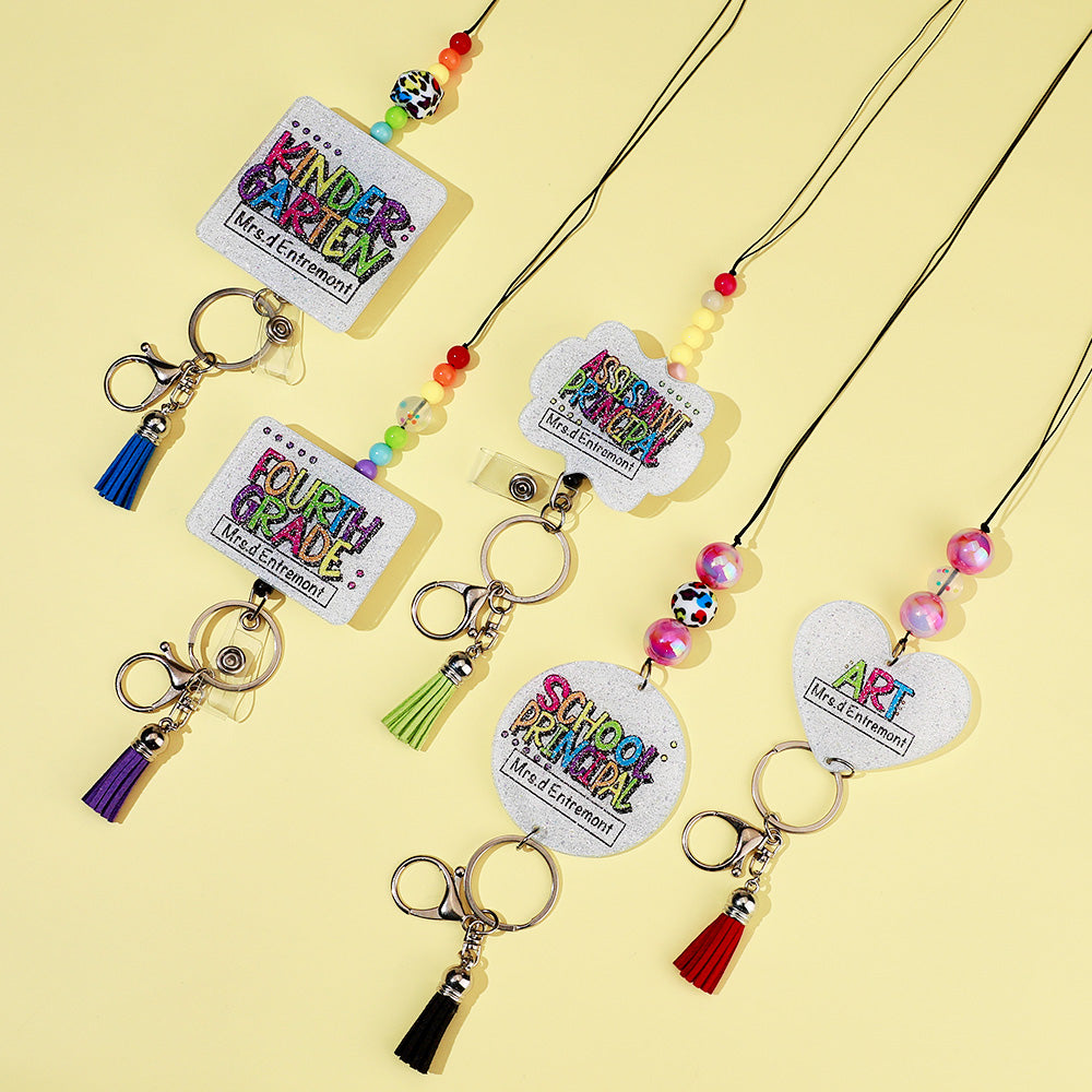 Personalized Glitter Acrylic Beaded Tassel Lanyard with Name Back to School Gift for Teacher