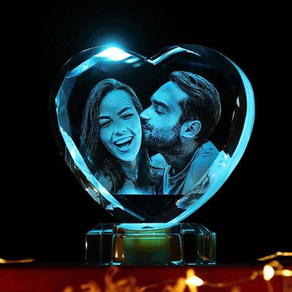 3D Laser Engraved Heart Crystal Photo Frame with Light Up LED Base