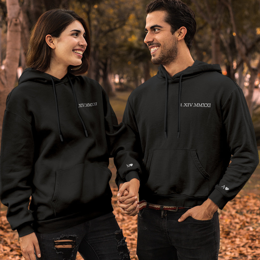 Custom Engraved Hooded Embroidery Round Neck Roman Numeral Date Couple Gifts