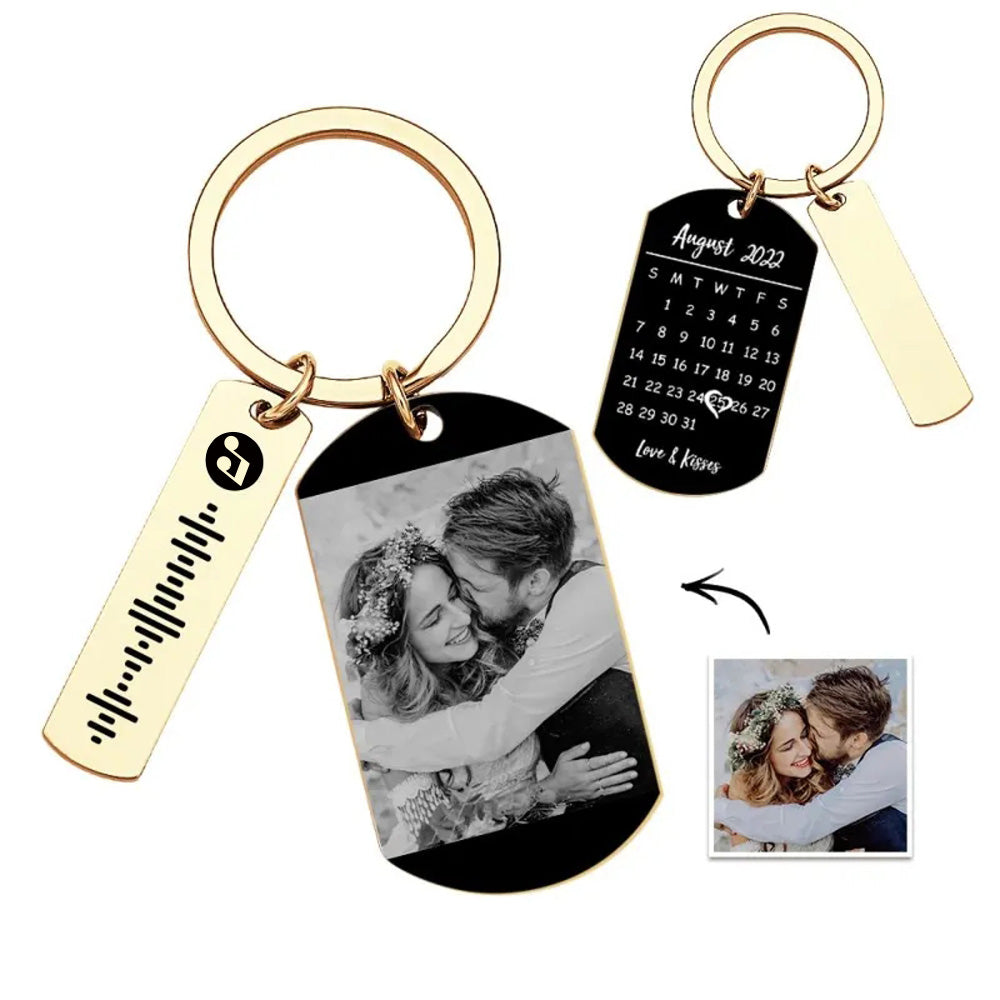 Personalized Photo Calendar Keychain Custom Picture & Music Song Code Couples Photo Keyring Gifts for Valentine's Day