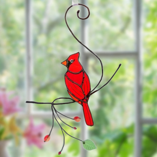 Red Bird Stained Glass Suncatcher Cardinal Window Hanging Ornament